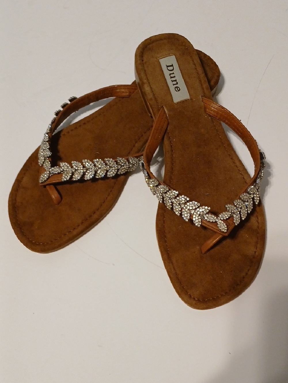 Dune Tan Suede Crystal Leaf Thong Sandals